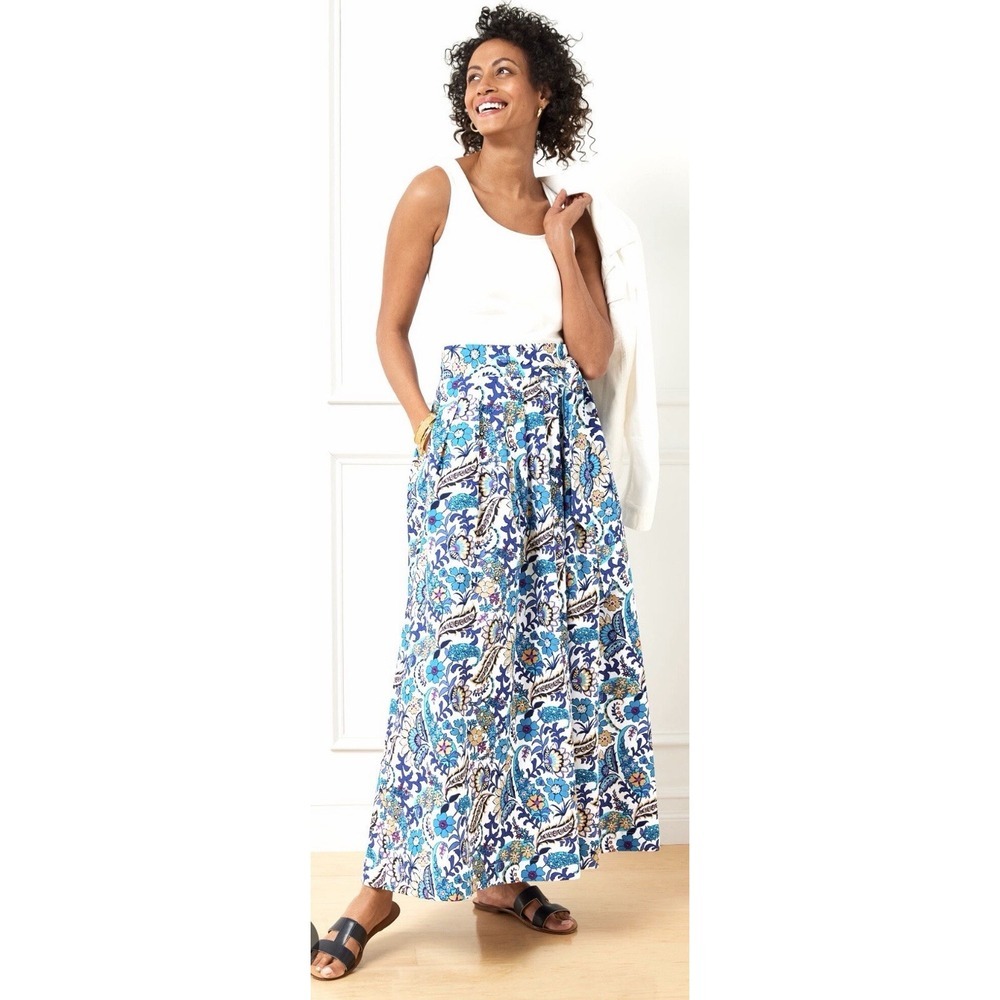 Talbots Poplin Pleated Floral Paisley Belted Patio Maxi Skirt Women's Size 8